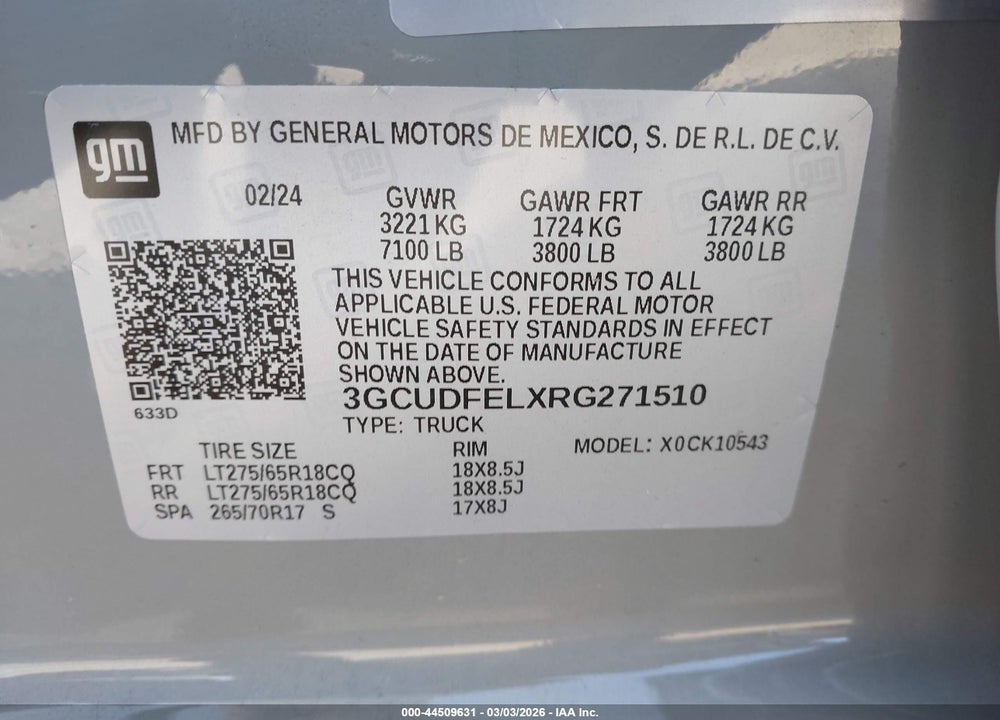 2024 CHEVROLET SILVERADO 1500 4WD  SHORT BED LT TRAIL BOSS VIN: 3GCUDFELXRG271510