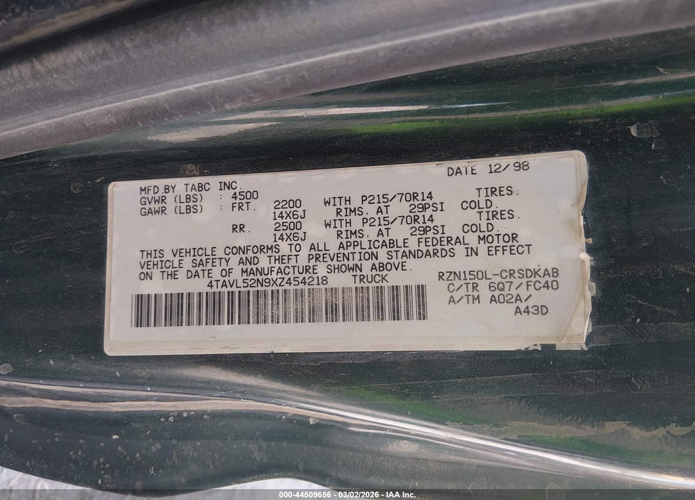 1999 TOYOTA TACOMA VIN: 4TAVL52N9XZ454218