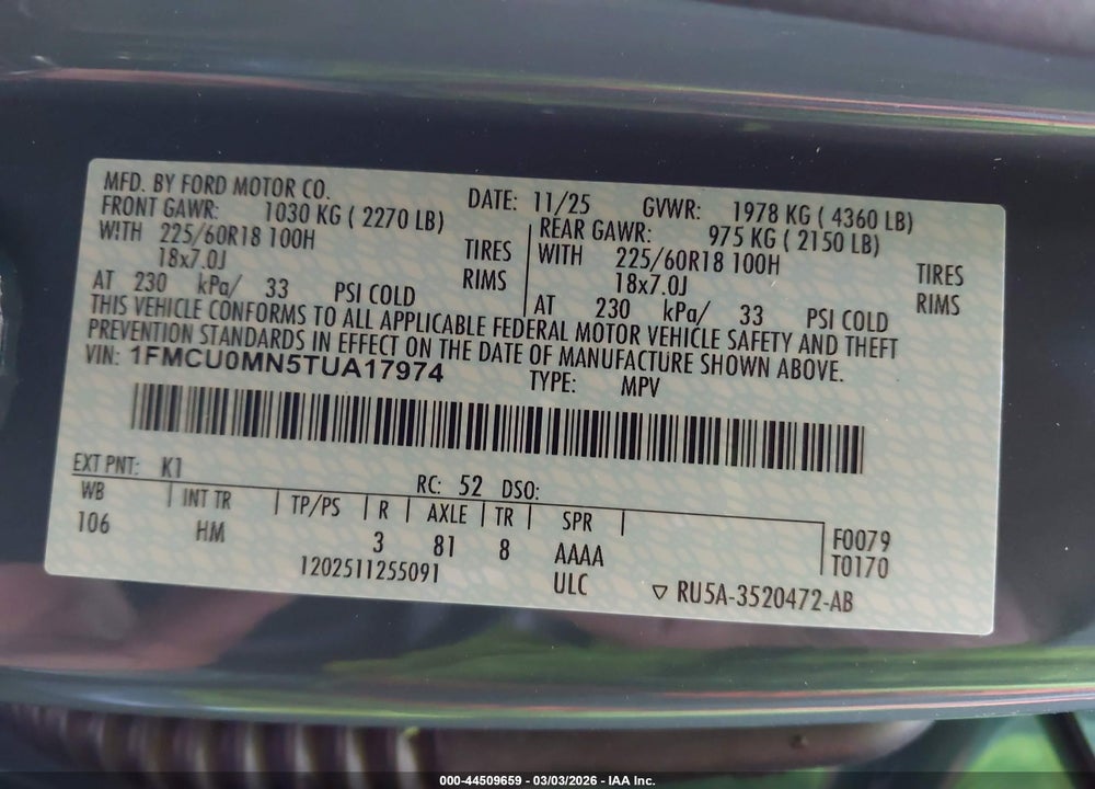 2026 FORD ESCAPE ST-LINE VIN: 1FMCU0MN5TUA17974