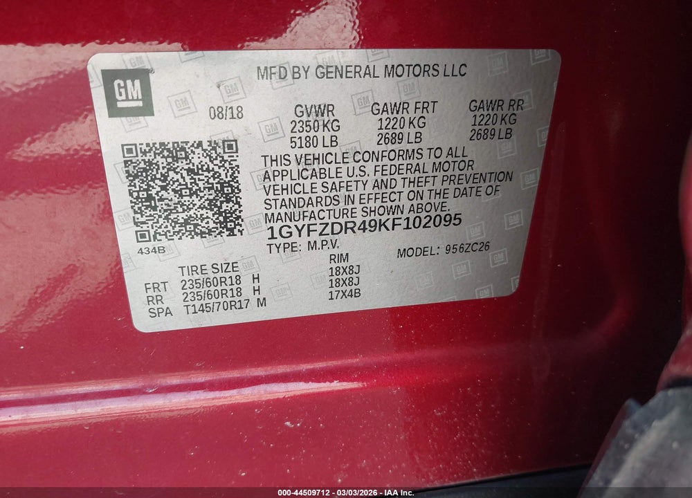 2019 CADILLAC XT4 PREMIUM LUXURY VIN: 1GYFZDR49KF102095