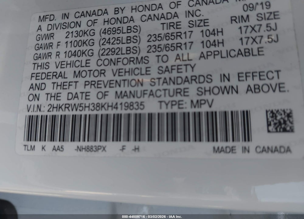 2019 HONDA CR-V LX VIN: 2HKRW5H38KH419835