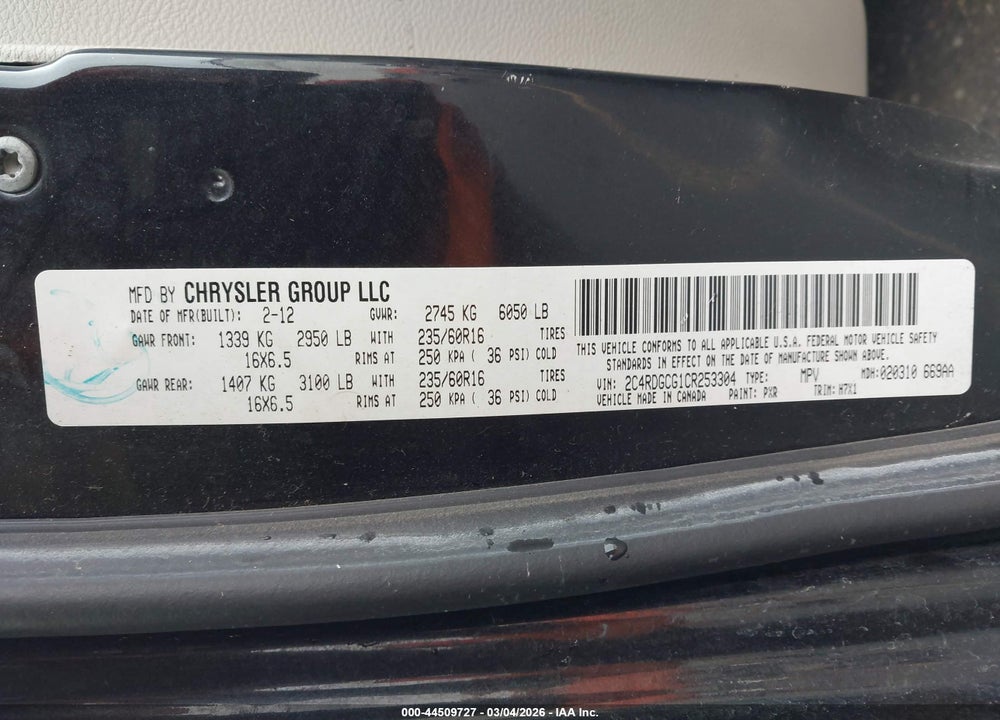 2012 DODGE GRAND CARAVAN SXT VIN: 2C4RDGCG1CR253304