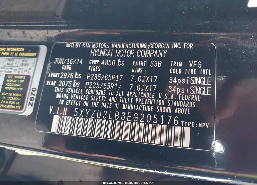 2014 HYUNDAI SANTA FE SPORT 2.4L VIN: 5XYZU3LB3EG205176