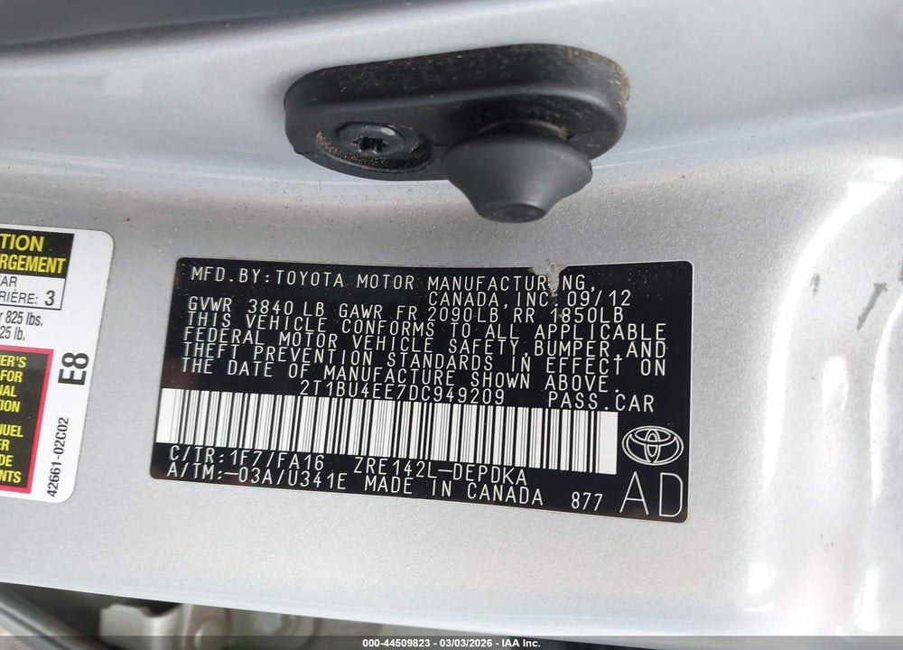 2013 TOYOTA COROLLA L VIN: 2T1BU4EE7DC949209