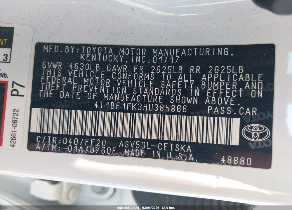 2017 TOYOTA CAMRY SE VIN: 4T1BF1FK3HU385866