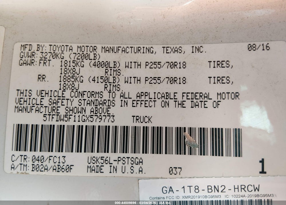 2016 TOYOTA TUNDRA SR5 5.7L V8 VIN: 5TFDW5F11GX579773