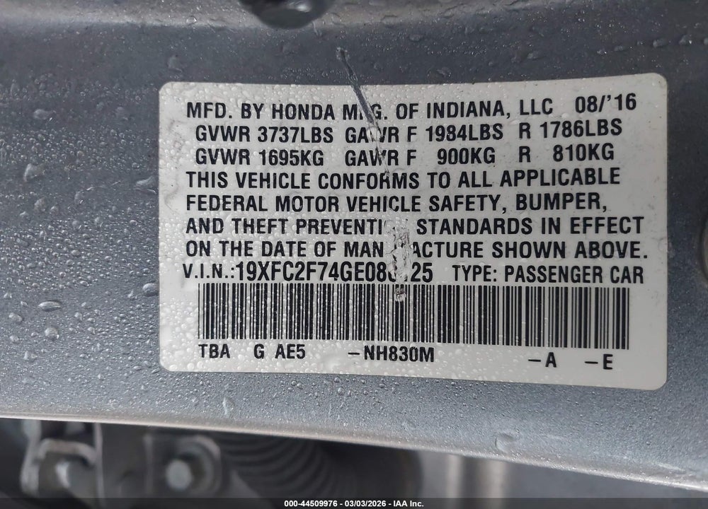 2016 HONDA CIVIC EX VIN: 19XFC2F74GE086125