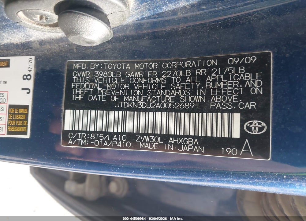 2010 TOYOTA PRIUS IV VIN: JTDKN3DU2A0052689