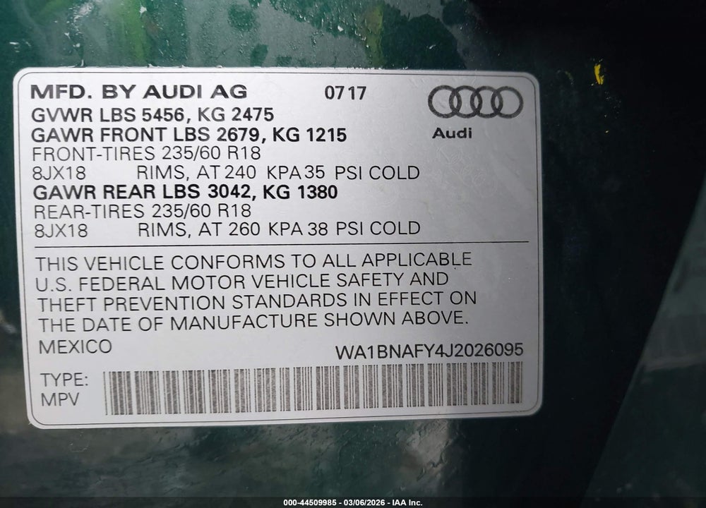 2018 AUDI Q5 2.0T PREMIUM/2.0T TECH PREMIUM VIN: WA1BNAFY4J2026095