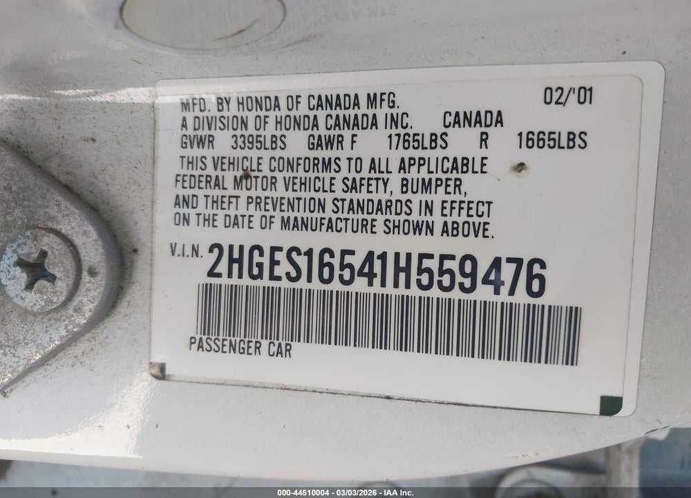 2001 HONDA CIVIC LX VIN: 2HGES16541H559476