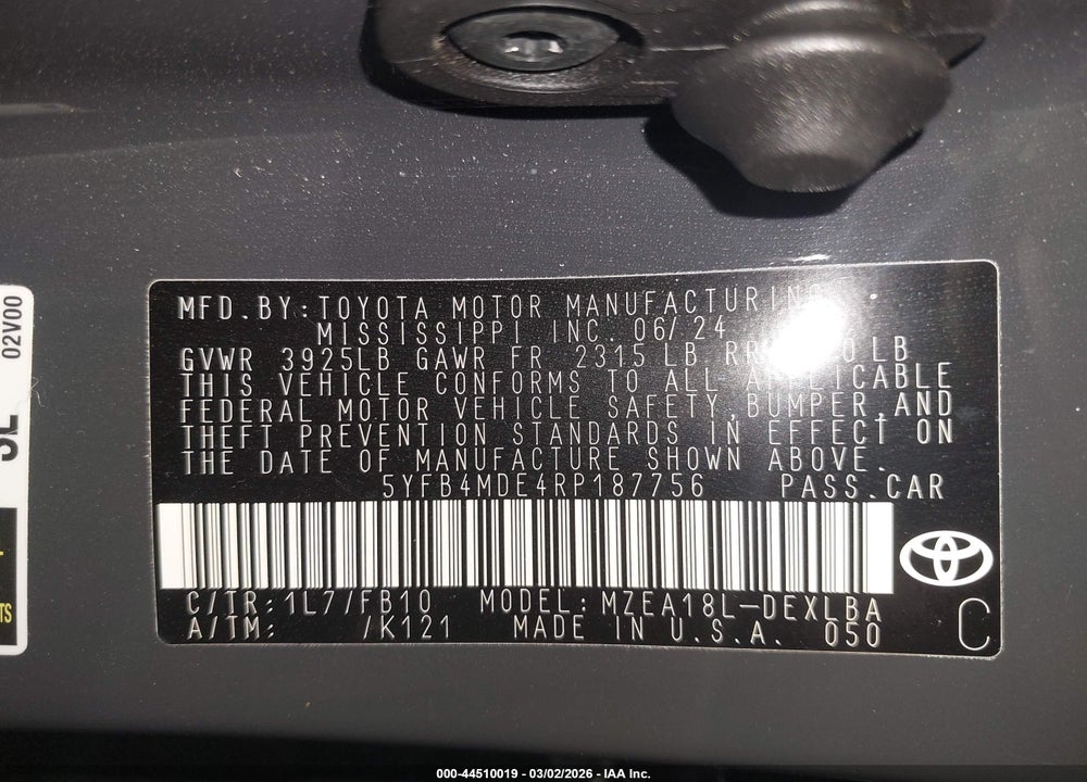 2024 TOYOTA COROLLA LE VIN: 5YFB4MDE4RP187756