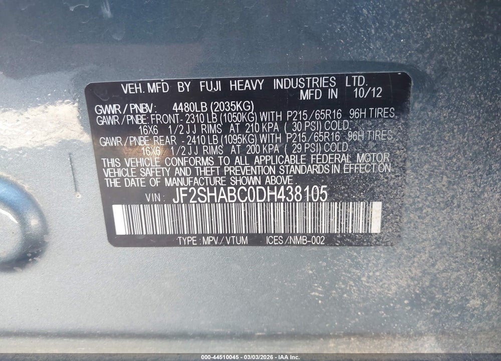 2013 SUBARU FORESTER 2.5X VIN: JF2SHABC0DH438105