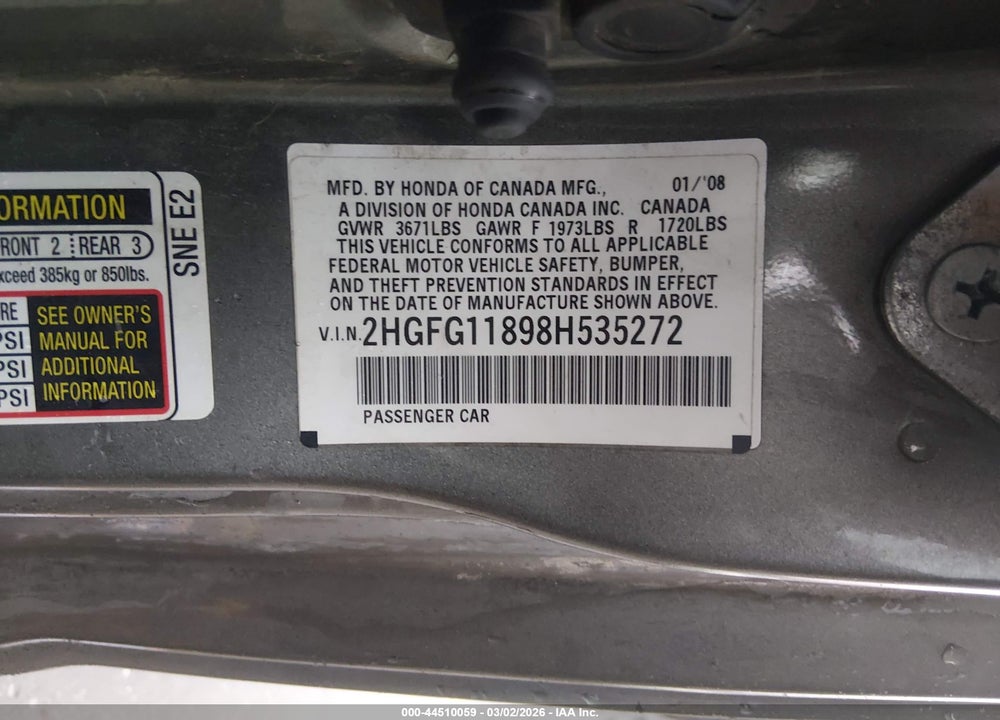 2008 HONDA CIVIC EX VIN: 2HGFG11898H535272