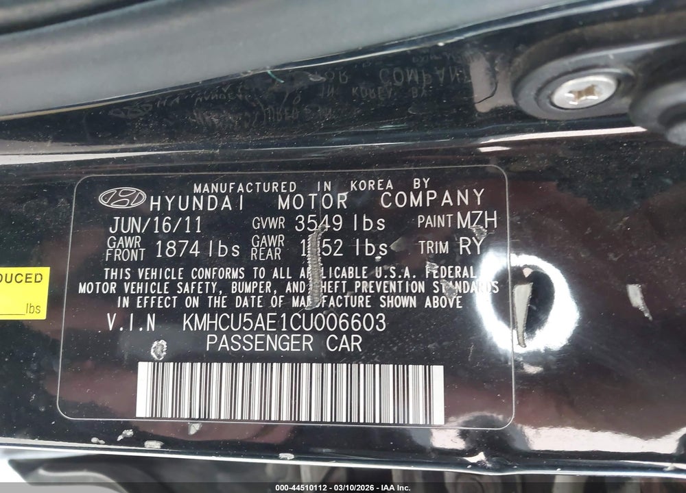 2012 HYUNDAI ACCENT SE VIN: KMHCU5AE1CU006603