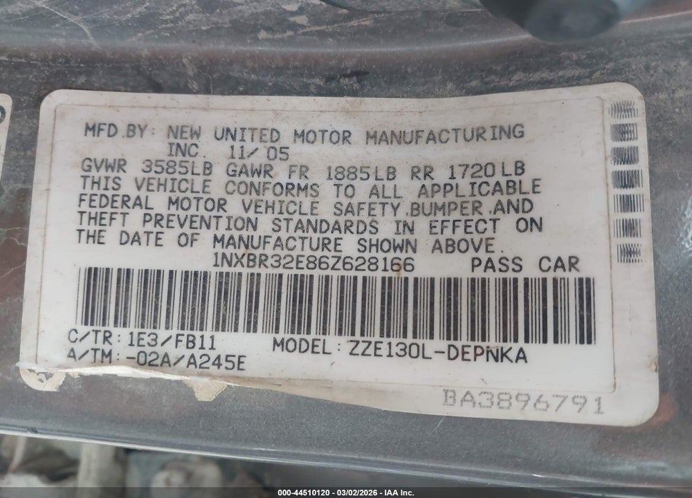 2006 TOYOTA COROLLA LE VIN: 1NXBR32E86Z628166