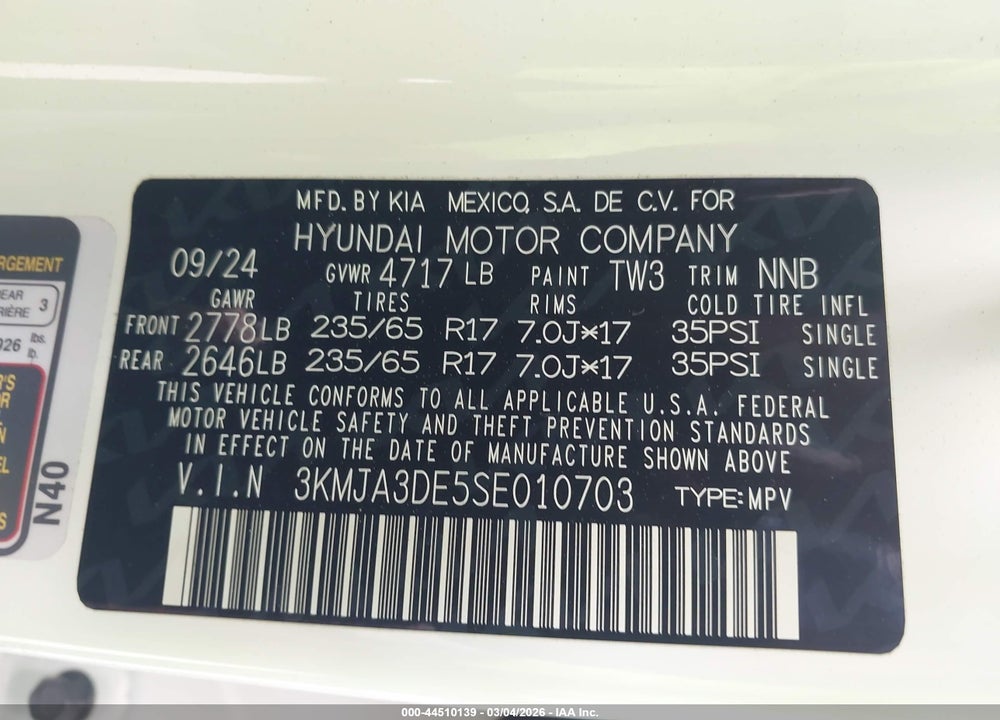 2025 HYUNDAI TUCSON SE VIN: 3KMJA3DE5SE010703