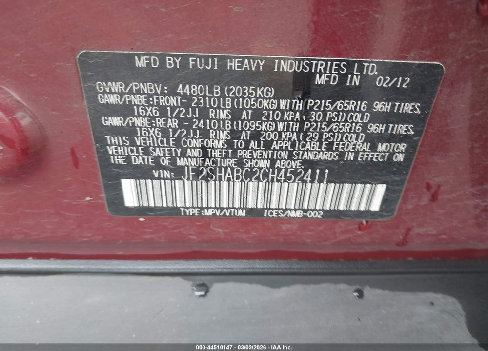 2012 SUBARU FORESTER 2.5X VIN: JF2SHABC2CH452411