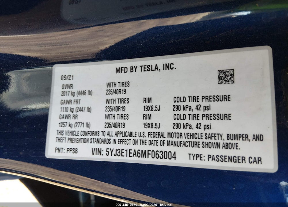2021 TESLA MODEL 3 STANDARD RANGE PLUS REAR-WHEEL DRIVE VIN: 5YJ3E1EA6MF063004