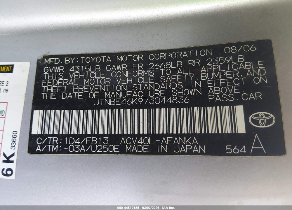 2007 TOYOTA CAMRY LE VIN: JTNBE46K973044836