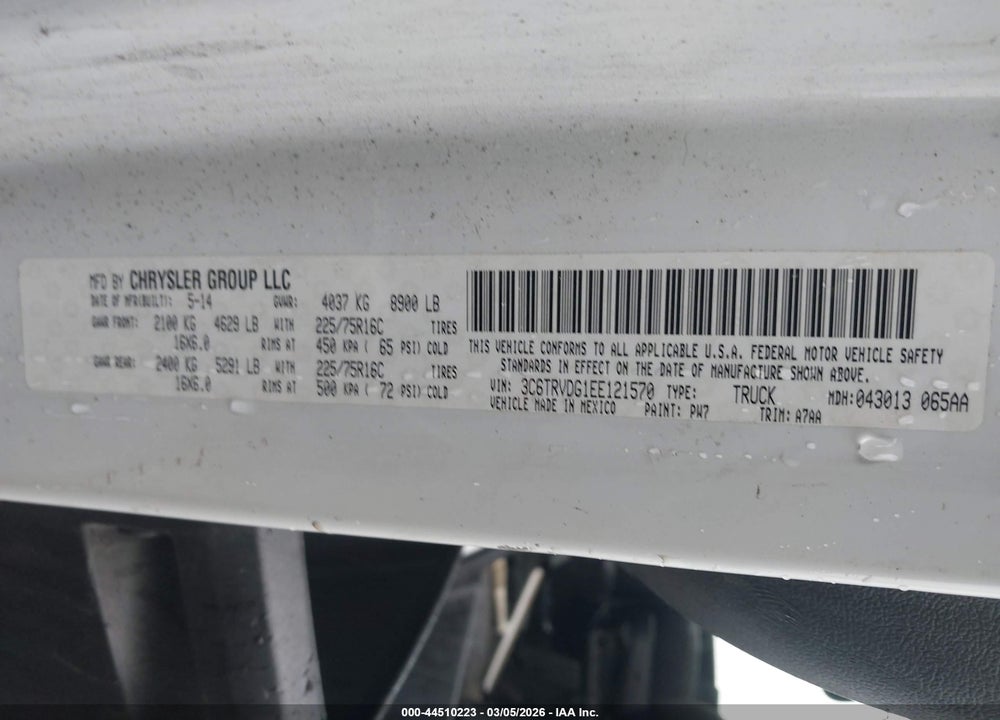 2014 RAM PROMASTER 2500 HIGH ROOF VIN: 3C6TRVDG1EE121570