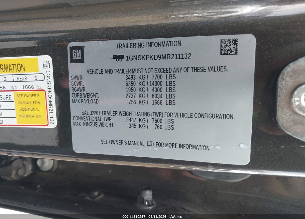 2021 CHEVROLET SUBURBAN 4WD PREMIER VIN: 1GNSKFKD9MR211132