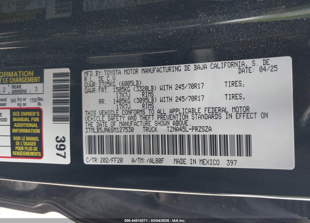 2025 TOYOTA TACOMA SR5 VIN: 3TMLB5JN6SM127530