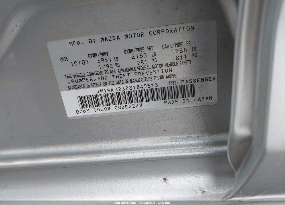 2008 MAZDA 3 S SPORT VIN: JM1BK323281845613