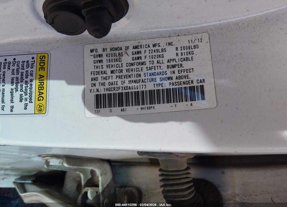 2013 HONDA ACCORD LX VIN: 1HGCR2F3XDA056173