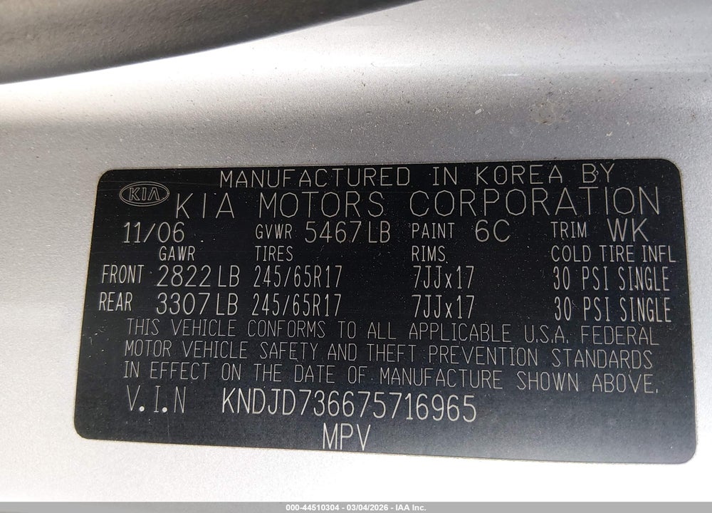 2007 KIA SORENTO LX VIN: KNDJD736675716965