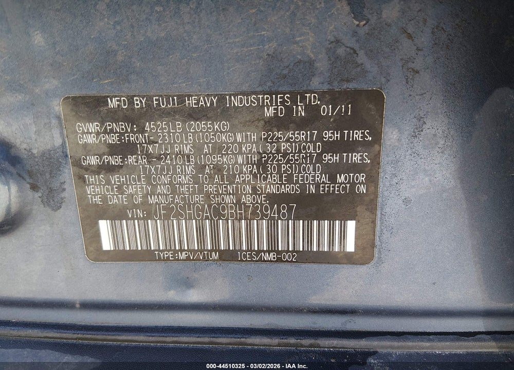 2011 SUBARU FORESTER 2.5XT PREMIUM VIN: JF2SHGAC9BH739487