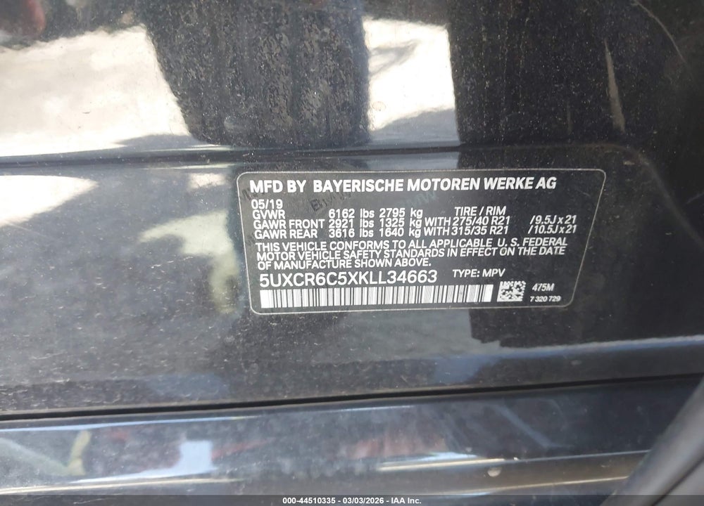 2019 BMW X5 XDRIVE40I VIN: 5UXCR6C5XKLL34663