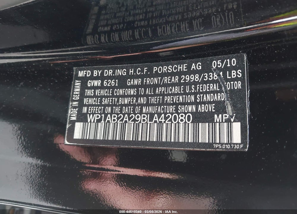 2011 PORSCHE CAYENNE S VIN: WP1AB2A29BLA42080