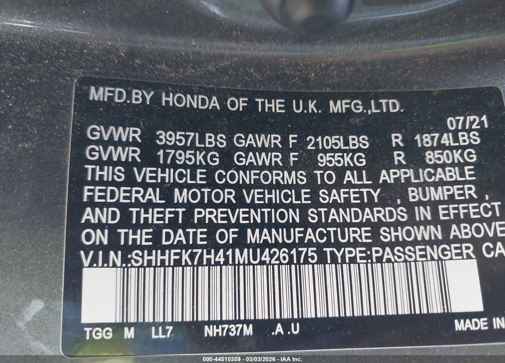2021 HONDA CIVIC SPORT VIN: SHHFK7H41MU426175
