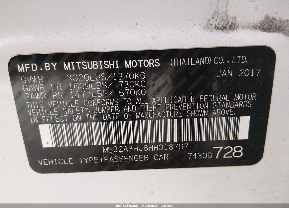 2017 MITSUBISHI MIRAGE ES VIN: ML32A3HJ8HH018797