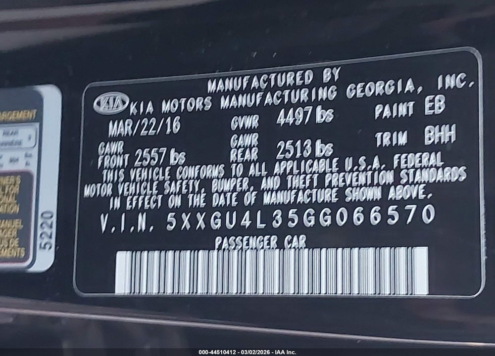 2016 KIA OPTIMA VIN: 5XXGU4L35GG066570