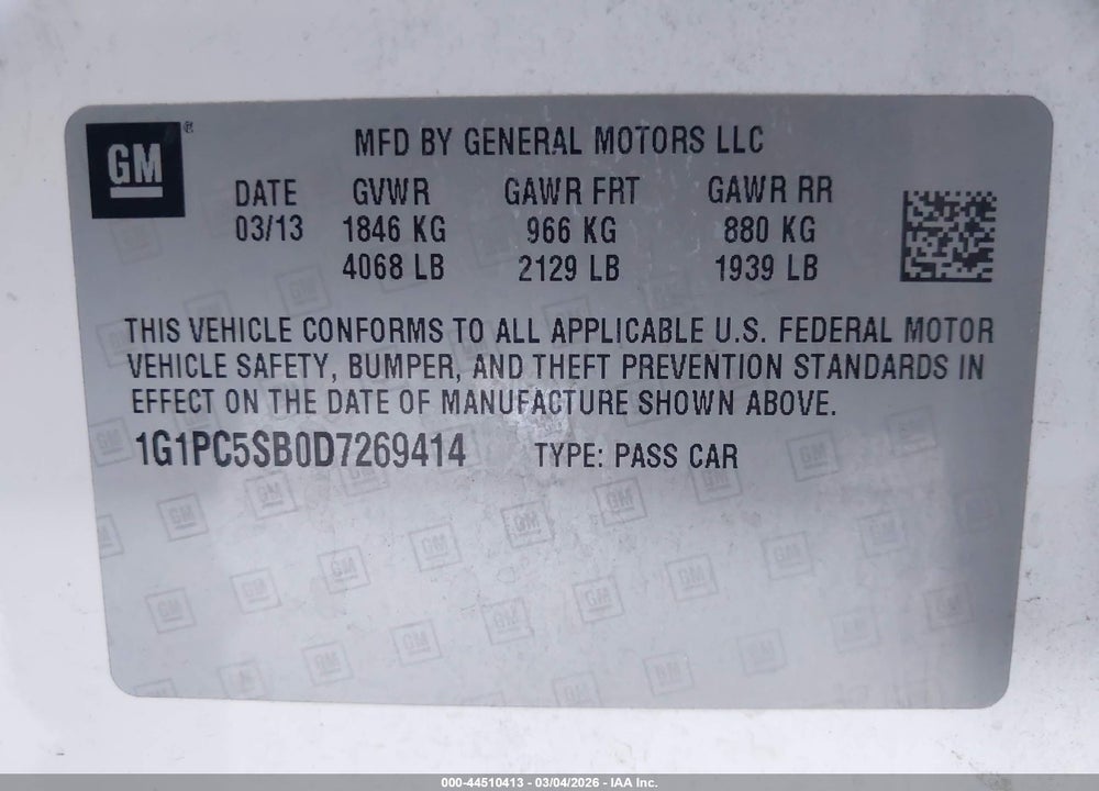 2013 CHEVROLET CRUZE 1LT AUTO VIN: 1G1PC5SB0D7269414