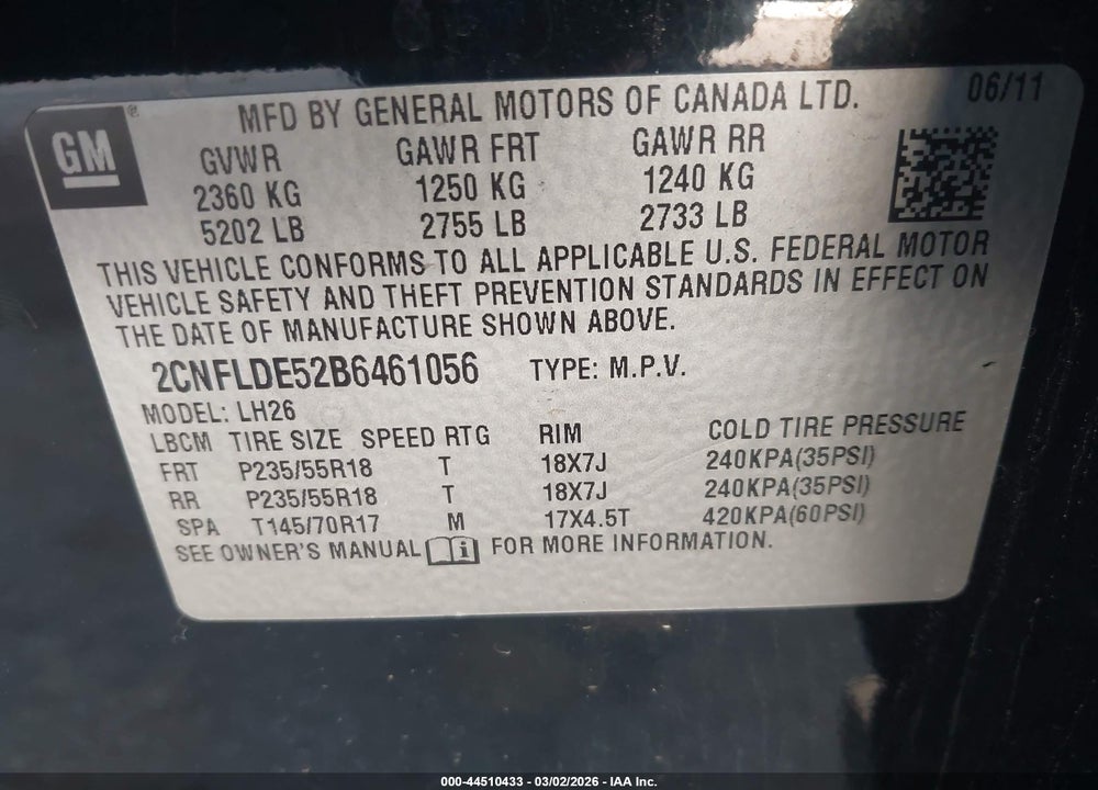 2011 CHEVROLET EQUINOX 1LT VIN: 2CNFLDE52B6461056