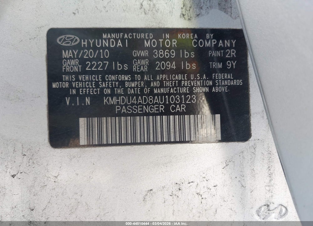 2010 HYUNDAI ELANTRA GLS VIN: KMHDU4AD8AU103123