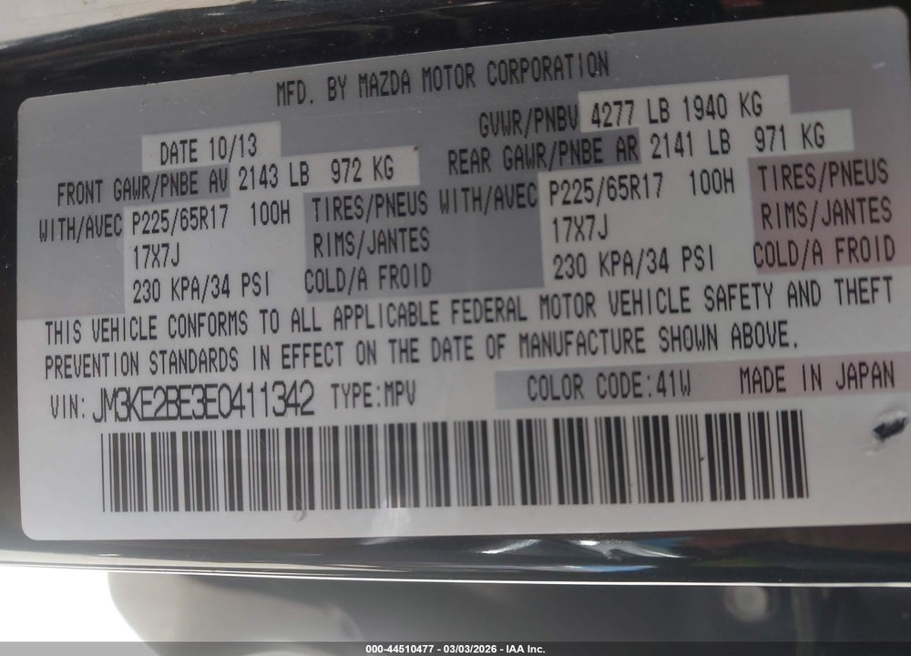 2014 MAZDA CX-5 SPORT VIN: JM3KE2BE3E0411342