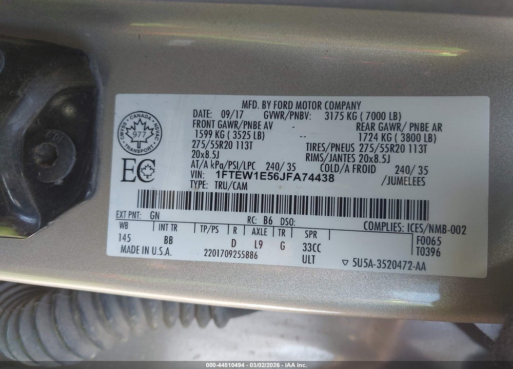 2018 FORD F-150 PLATINUM VIN: 1FTEW1E56JFA74438