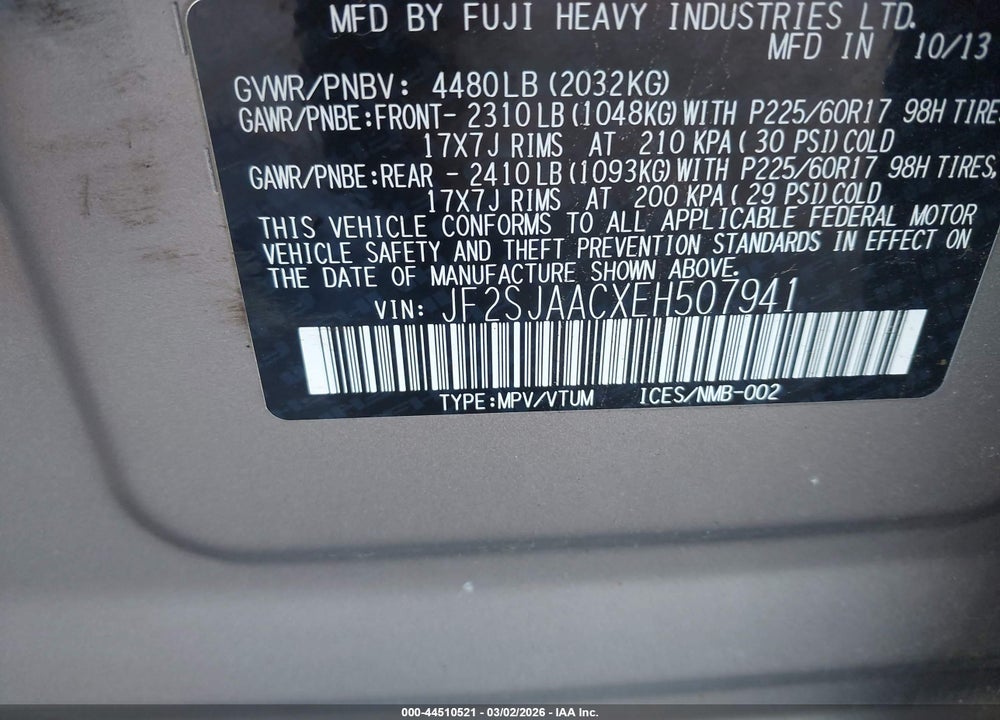2014 SUBARU FORESTER 2.5I VIN: JF2SJAACXEH507941