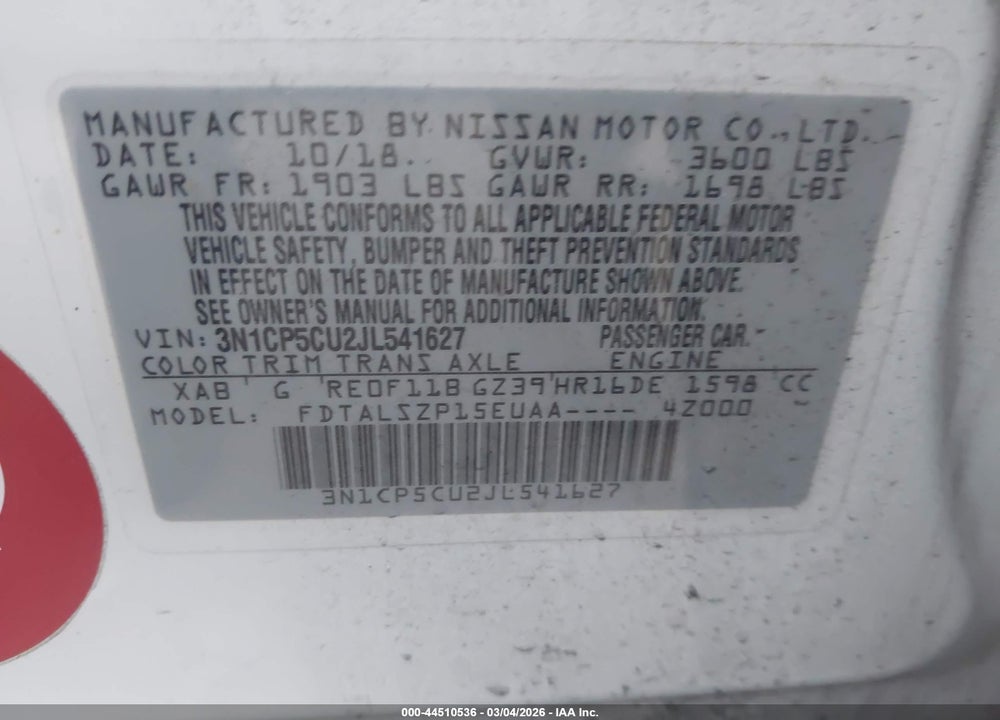 2018 NISSAN KICKS SV VIN: 3N1CP5CU2JL541627