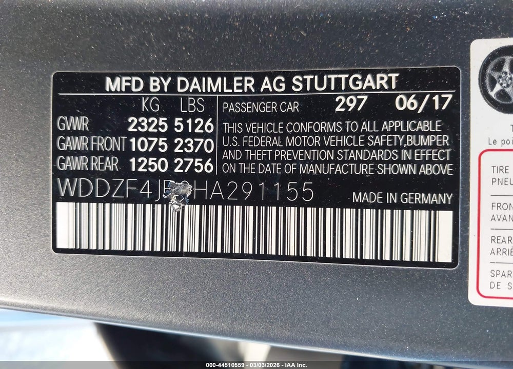 2017 MERCEDES-BENZ E 300 VIN: WDDZF4JB0HA291155