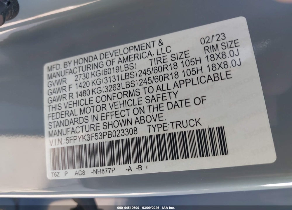 2023 HONDA RIDGELINE RTL VIN: 5FPYK3F53PB023308