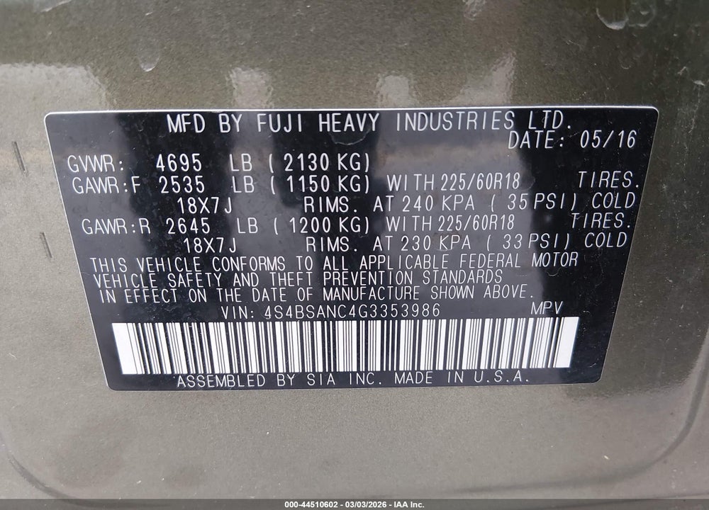 2016 SUBARU OUTBACK 2.5I LIMITED VIN: 4S4BSANC4G3353986