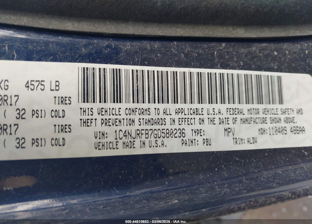 2016 JEEP PATRIOT HIGH ALTITUDE EDITION VIN: 1C4NJRFB7GD580236