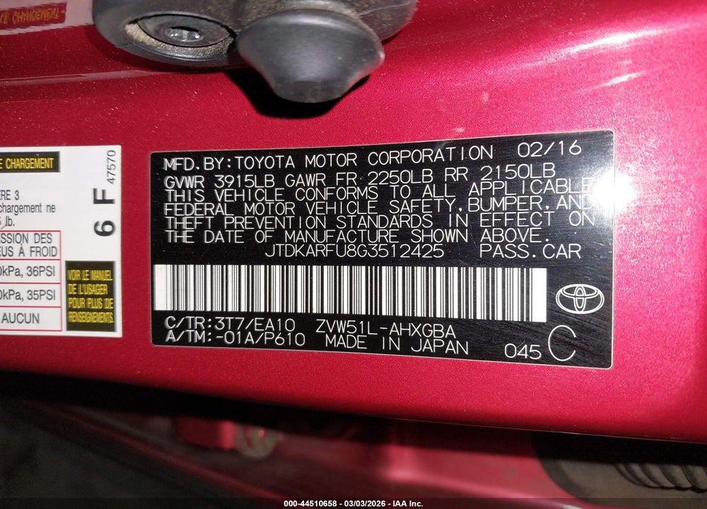 2016 TOYOTA PRIUS FOUR VIN: JTDKARFU8G3512425