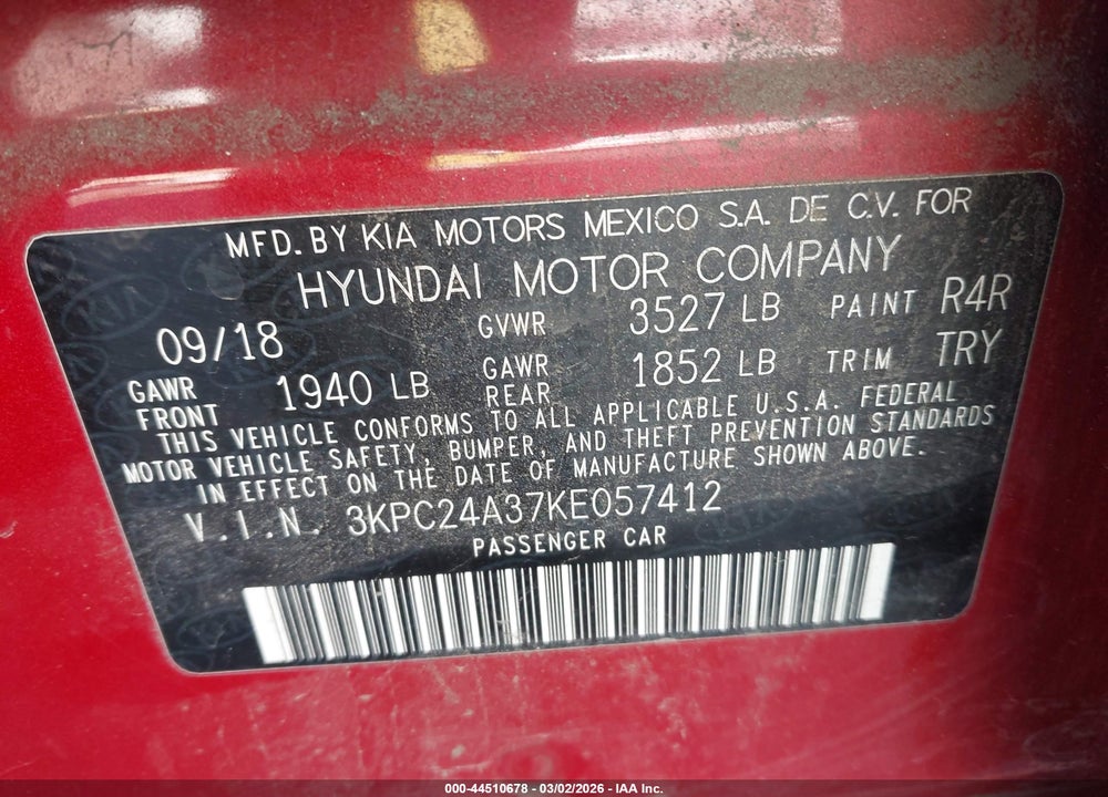 2019 HYUNDAI ACCENT SE VIN: 3KPC24A37KE057412