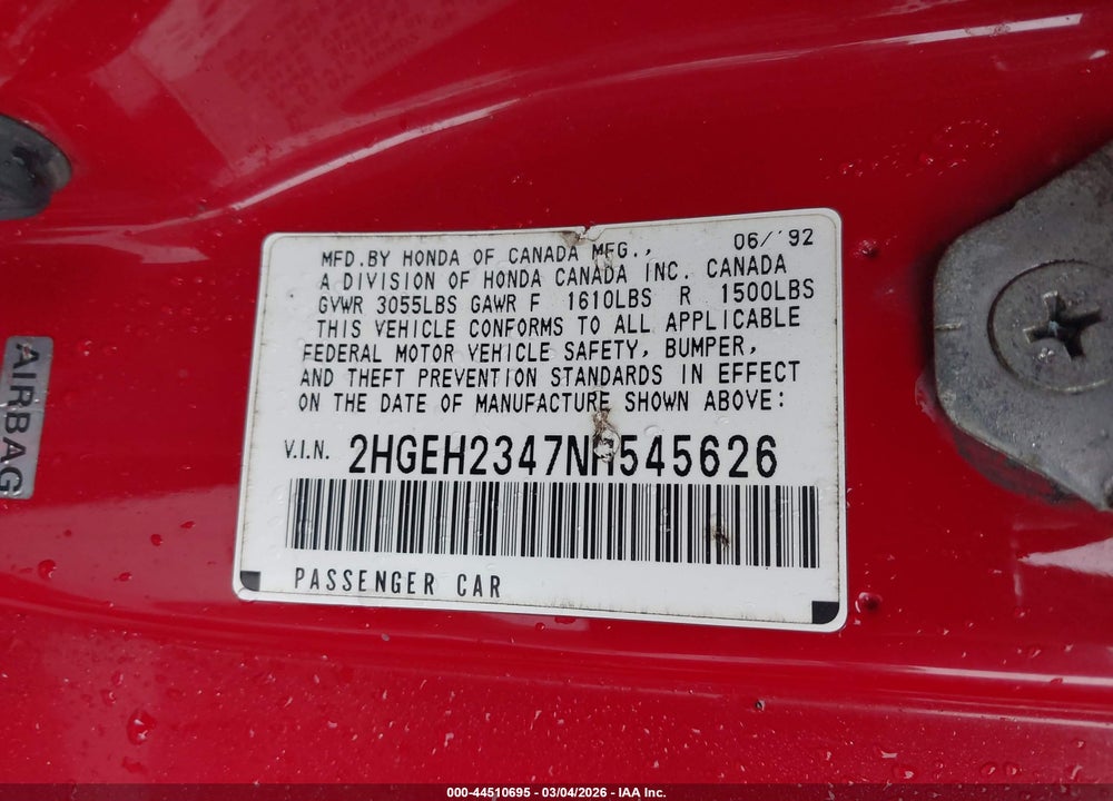 1992 HONDA CIVIC CX VIN: 2HGEH2347NH545626