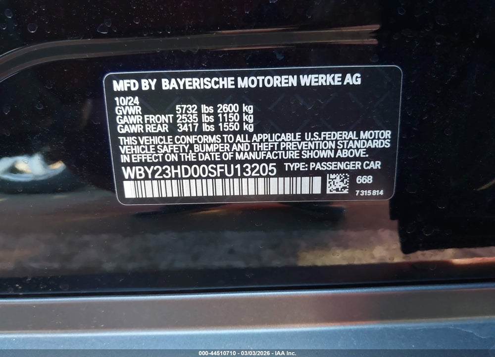 2025 BMW I4 GRAN COUPE EDRIVE40 VIN: WBY23HD00SFU13205